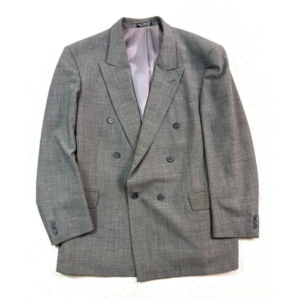 vtg 90s Gray Micro Houndstooth 43R Blazer Jacket Sport Coat Double Breasted Wool